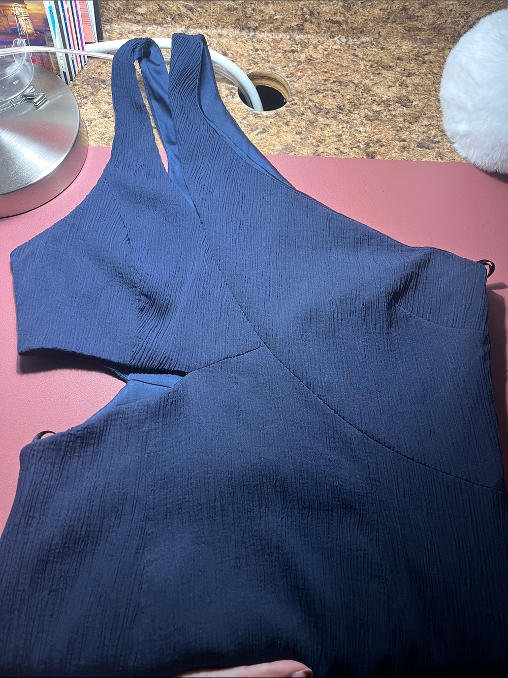 Stylestalker One-Shoulder Dress in Navy side, cut out and high slit in the front